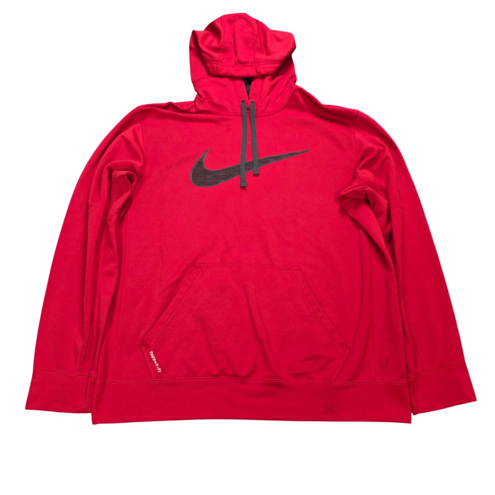 Nike Therma-FIT Pullover Hoodie Men's Size L Red Black Swoosh Logo Long Sleeve